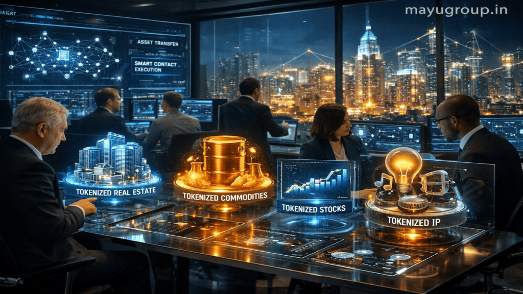 Realistic financial trading hub with investors using holographic screens showing tokenized assets like real estate, commodities, and digital securities, with “mayugroup.in” watermark in the top-right corner.