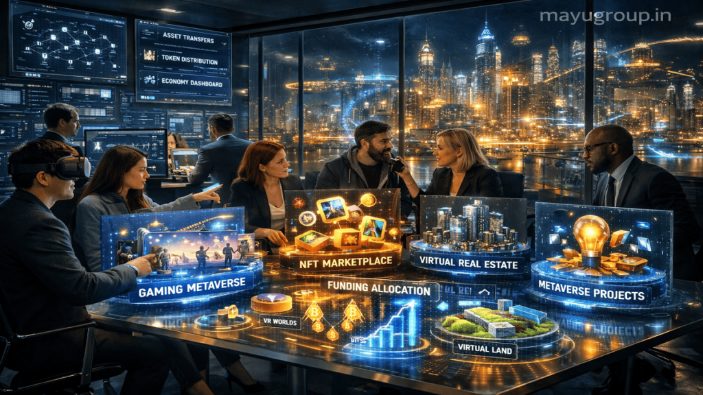 Futuristic investment hub with holographic screens showing virtual economy projects like gaming, NFTs, and metaverse worlds, with “mayugroup.in” watermark in the top-right corner.