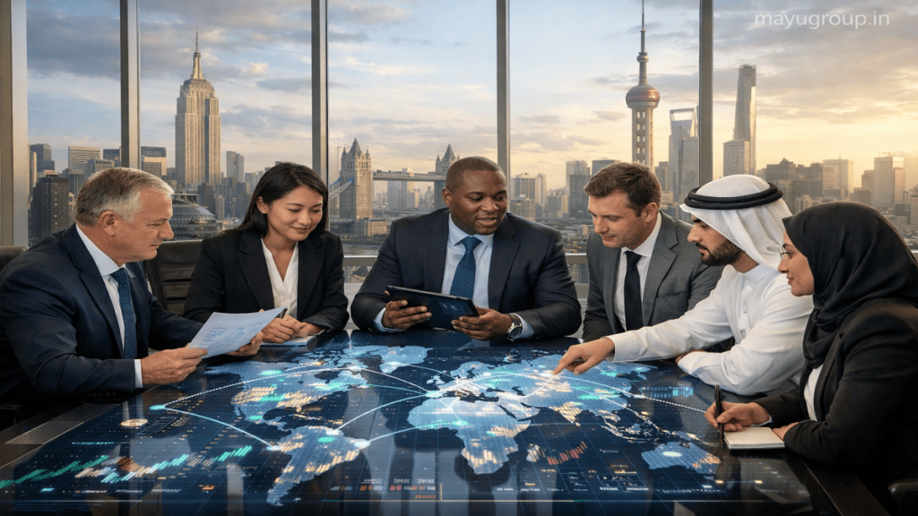 Professional business scene showing global financial connections, international markets, digital investment charts, and worldwide economic growth.