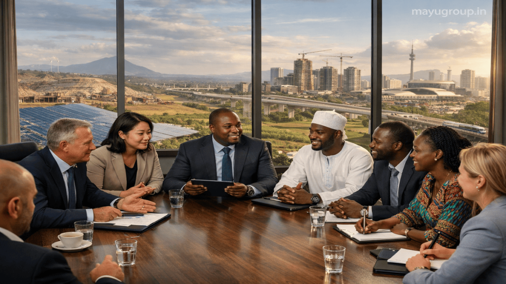 Realistic business scene showcasing investment opportunities in Africa with modern infrastructure, technology, renewable energy, and international financial collaboration.