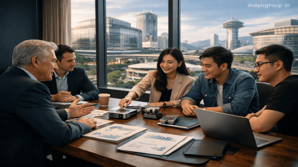 Realistic business scene showing Asian startup founders meeting investors in a modern office with digital screens, city skyline, and innovation-focused environment.