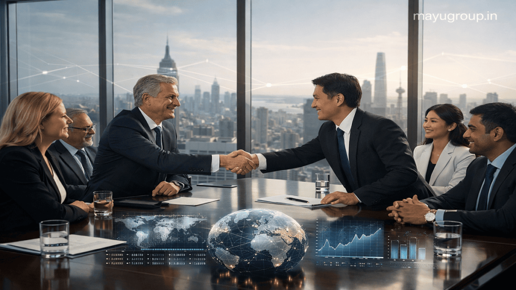 A professional boardroom scene showing two international business teams shaking hands over a cross-border investment deal with subtle holographic financial projections, and a “mayugroup.in” watermark in the top-right corner.