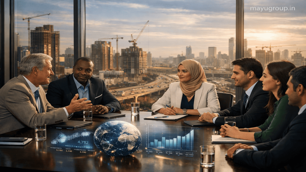 A modern corporate boardroom scene showing international executives discussing emerging markets investment with a developing city skyline, infrastructure growth, and subtle holographic financial projections, with a “mayugroup.in” watermark in the top-right corner.