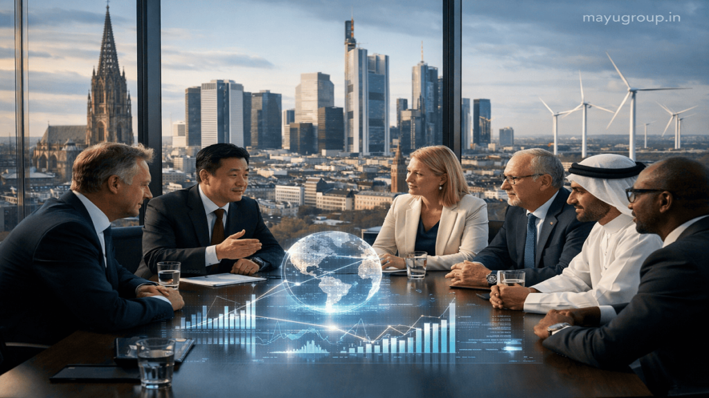A modern corporate conference room showing international investors and European executives discussing investment strategies with a European city skyline and renewable energy infrastructure in the background, with a “mayugroup.in” watermark in the top-right corner.