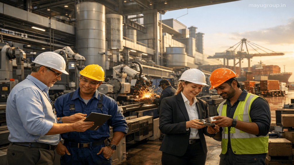 Foreign Direct Investment. Modern factory with international engineers and local workers, advanced machinery, and export containers being loaded, with watermark “mayugroup.in” in the top right corner.