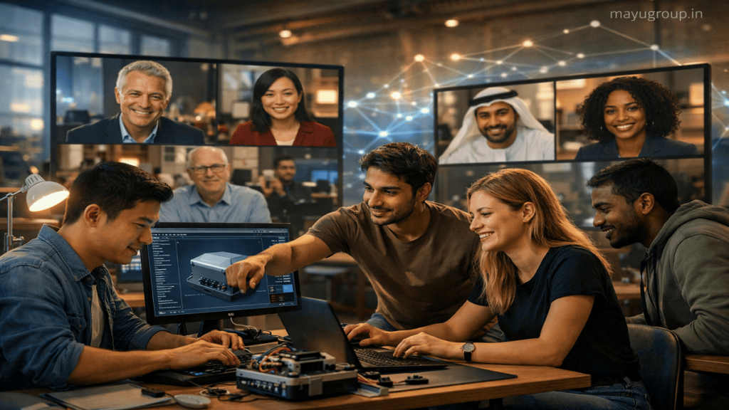 Startup team in modern co-working space developing prototype with global investors on video call and abstract funding connectivity visuals, watermark “mayugroup.in” in top right corner.