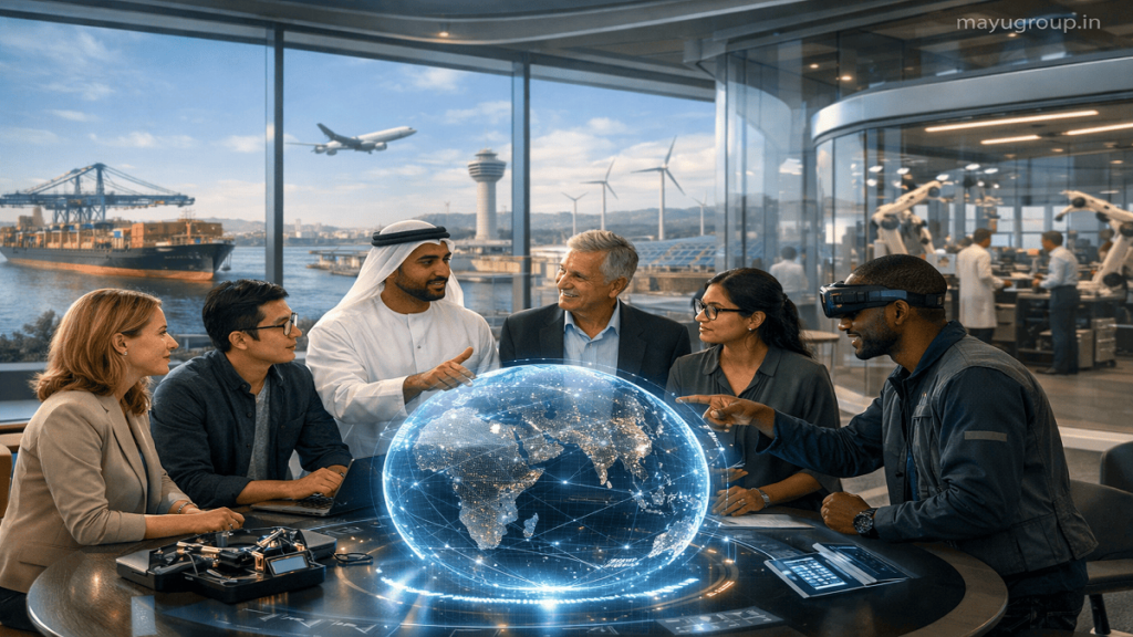 Business leaders from different countries collaborating in a modern boardroom with a digital world map, representing global partnerships, international trade, and cross-border business cooperation.