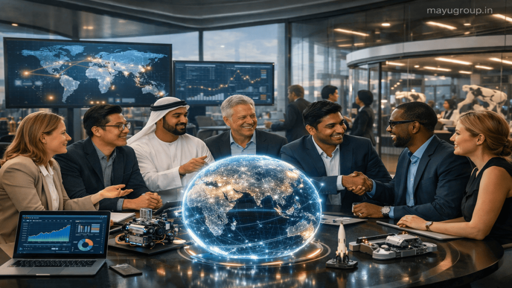 International venture capital investors and startup founders meeting in a modern office, discussing global investment opportunities and business growth with digital world maps in the background.