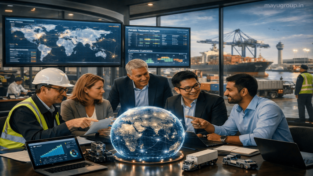 Business professionals discussing import financing in a modern office with cargo ships, shipping containers, and international logistics operations in the background.