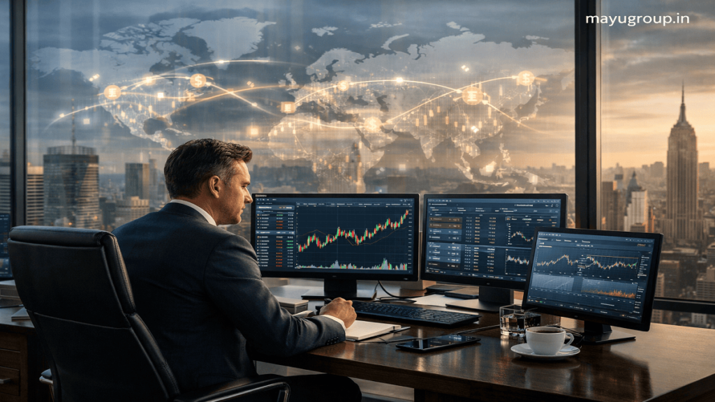 Professional investor in a luxury office analyzing global markets on multiple screens with subtle world map financial overlays.