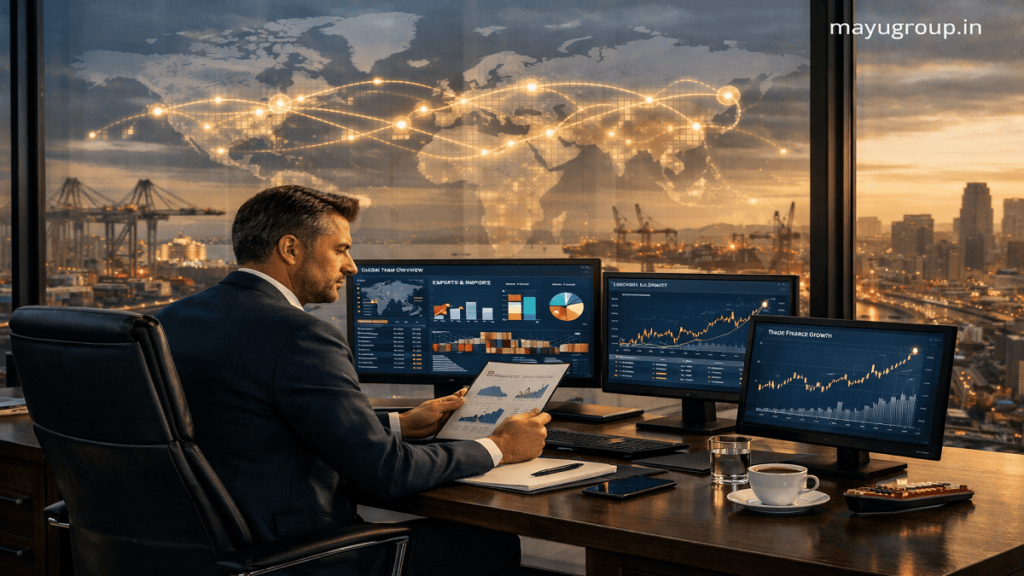 Corporate executive analyzing global trade data on multiple screens in a luxury office with subtle world map and trade flow overlays.