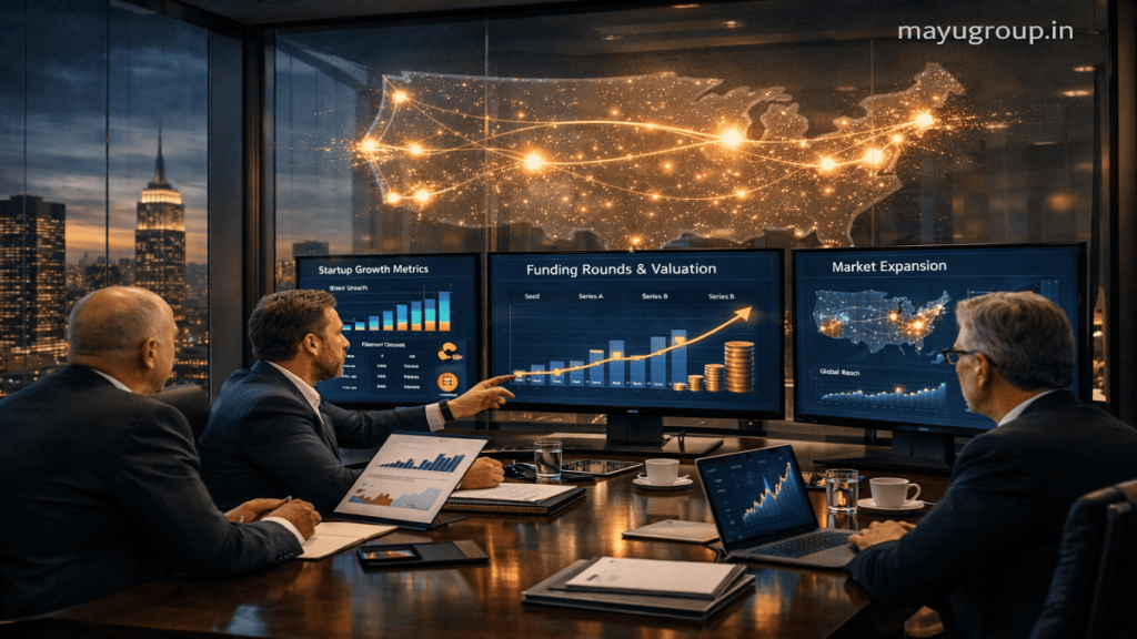 Venture capitalists analyzing startup funding data in a modern USA office with screens showing growth charts and innovation maps.