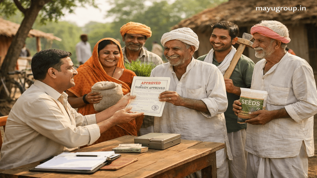 Group of farmers receiving guidance and grant approval from a government official in a rural village setting with documents and farming tools.