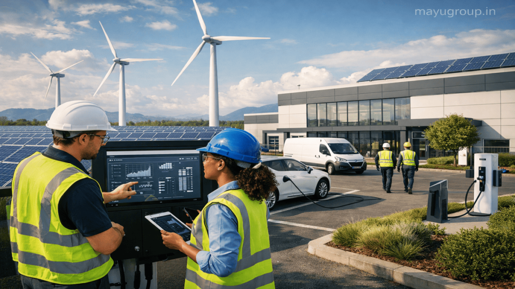 Green Energy Grants. Modern residential and industrial renewable energy projects featuring solar panels and wind turbines supported by green energy grants.