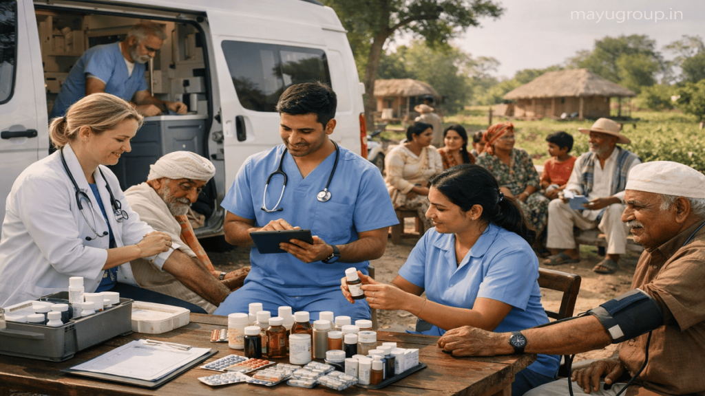 Healthcare professionals in a modern hospital and rural mobile clinic supported by healthcare grants improving patient care and access.