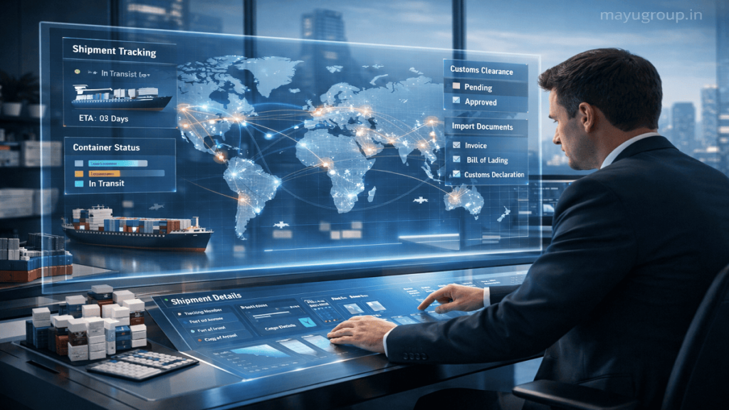A modern office with a professional interacting with a holographic digital screen showing global trade routes, customs clearance data, and import logistics systems.