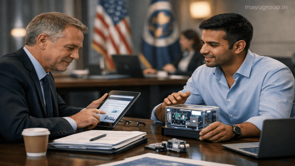 A professional reviewer evaluating an innovation proposal while a startup founder presents a prototype in a formal office setting.