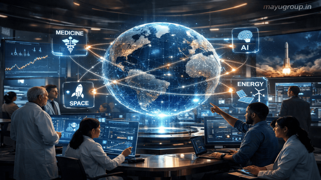 Futuristic global research collaboration scene with scientists working around a holographic globe connected to multiple industries like AI, energy, and medicine.