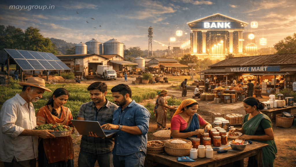 Cinematic rural development scene showing farms, small industries, and entrepreneurs supported by financial growth and modernization.