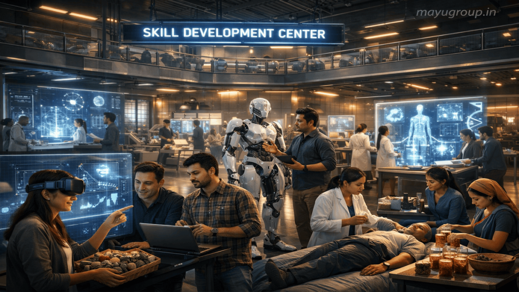 Futuristic training hub with trainees learning AI, robotics, healthcare, and renewable energy skills using advanced simulation and digital interfaces.