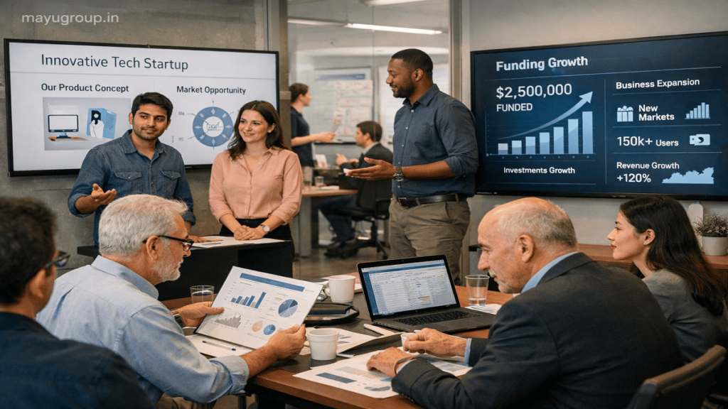 Startup founders and investors in a modern office discussing funding with digital screens and dashboards, with a “mayugroup.in” watermark in the top-left corner.