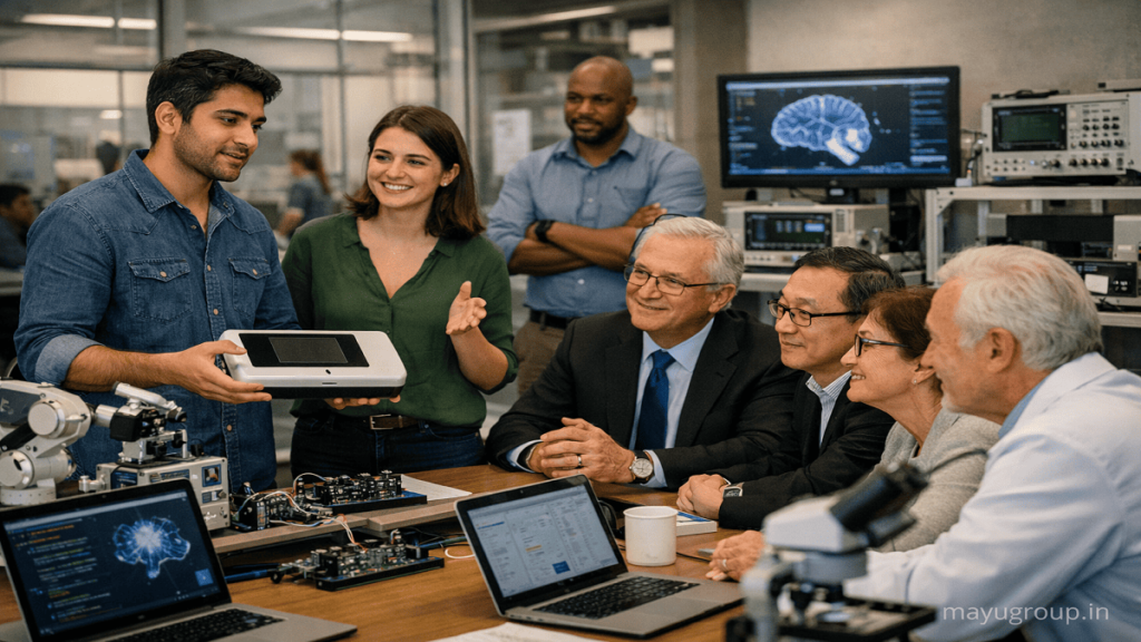 Startup founders presenting a technology prototype to investors and research mentors in a modern innovation center with a mayugroup.in watermark in the bottom-right corner.