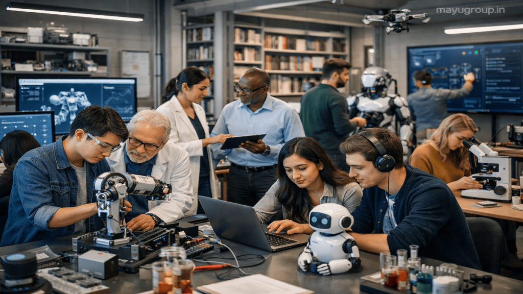 Students and researchers working in a modern university campus with advanced laboratories, digital classrooms, and innovation centers representing the impact of university grants on higher education.