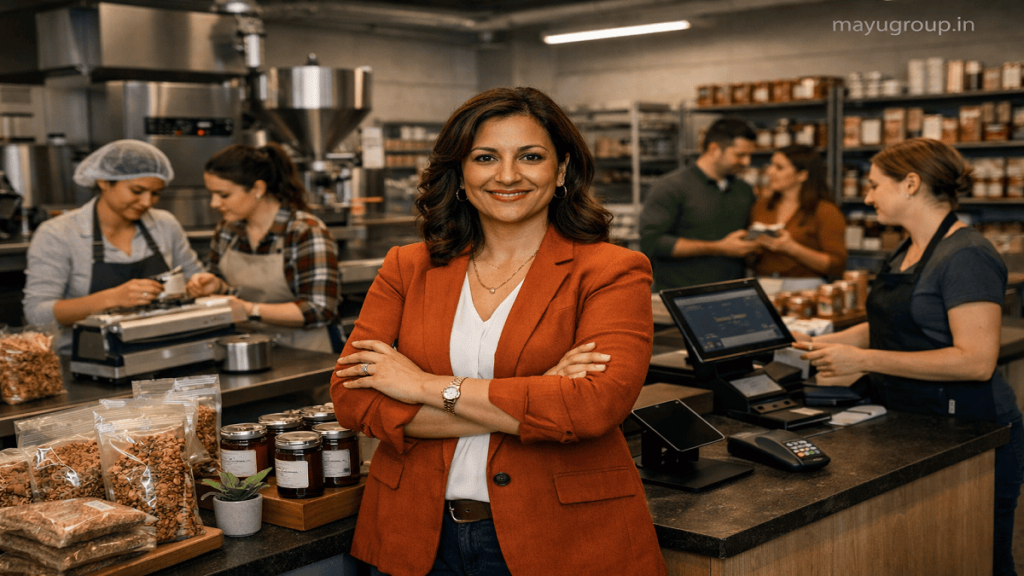 Confident woman entrepreneur managing a modern business with employees, technology, and financial resources representing women entrepreneur funding and business success.