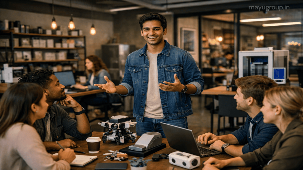 Young entrepreneurs collaborating in a modern startup office, working on laptops and business ideas representing youth startup grants supporting innovation and business growth.