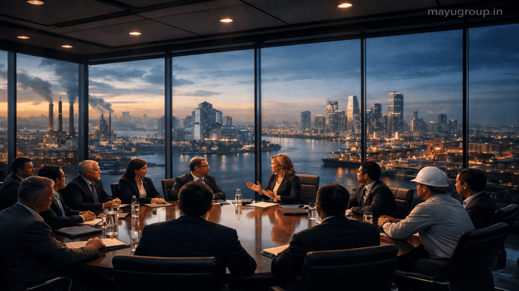 Business executives and engineers in a modern glass skyscraper meeting room overlooking a city with visible industrial sectors outside, with “mayugroup.in” in the top right corner.