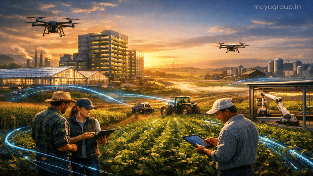 A global AgriTech ecosystem with smart farms, greenhouses, drones, and farmers using digital tools, with “mayugroup.in” watermark in the top right corner.