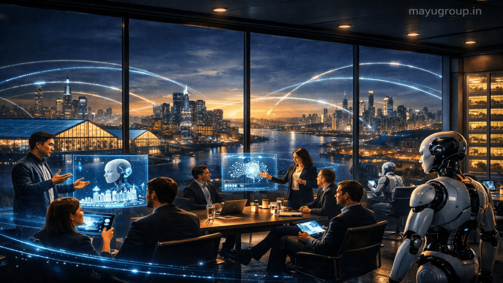 A global AI investment ecosystem with digital networks, startup pitches, and venture capital activity, with “mayugroup.in” watermark in the top right corner.