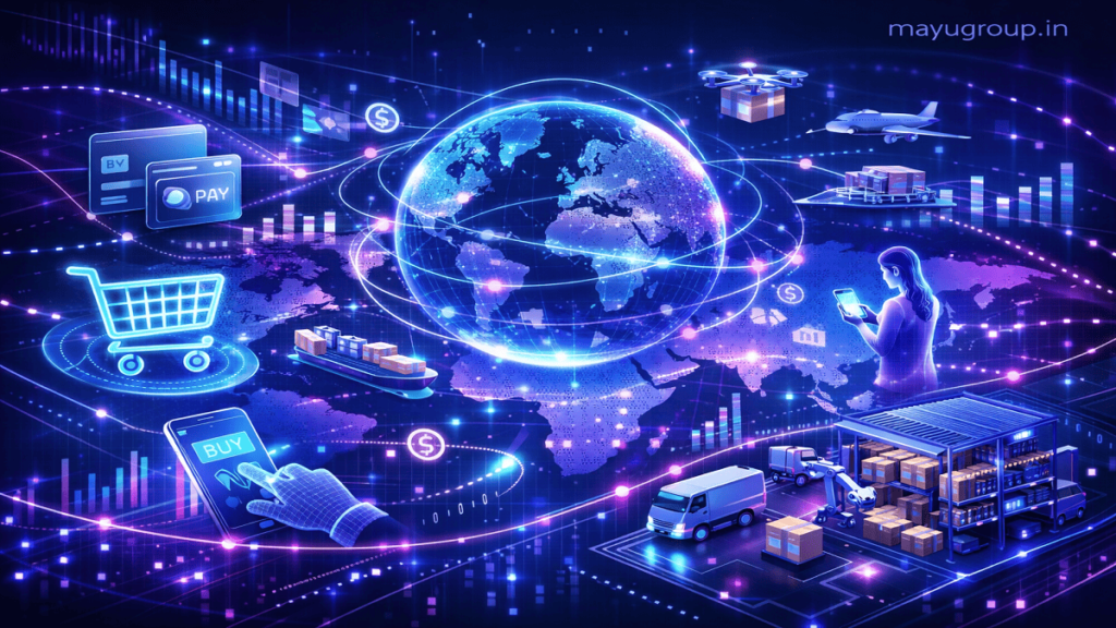 Futuristic digital world showing e-commerce systems, global connections, and financial data streams linking online shopping, logistics, and payments.