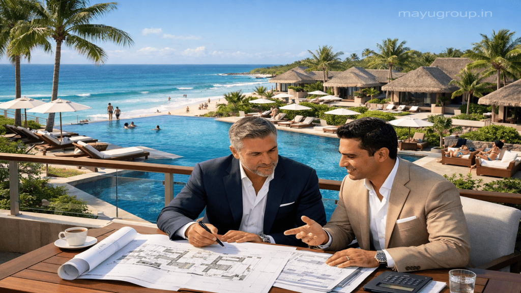 Business professionals discussing hospitality investment plans in front of a modern luxury hotel and resort development.