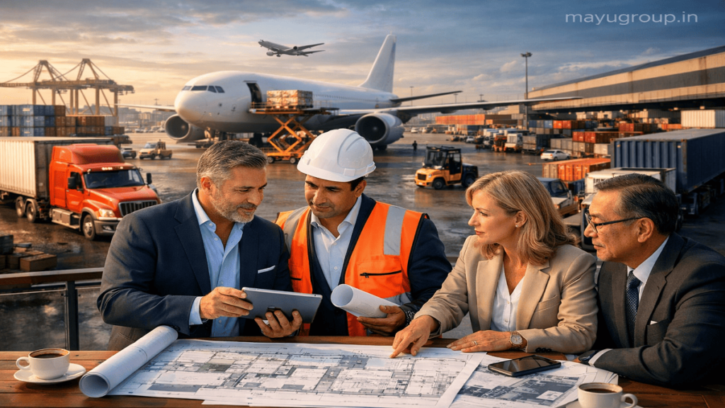 Business professionals discussing logistics funding at a modern warehouse with cargo trucks, shipping containers, and supply chain infrastructure.