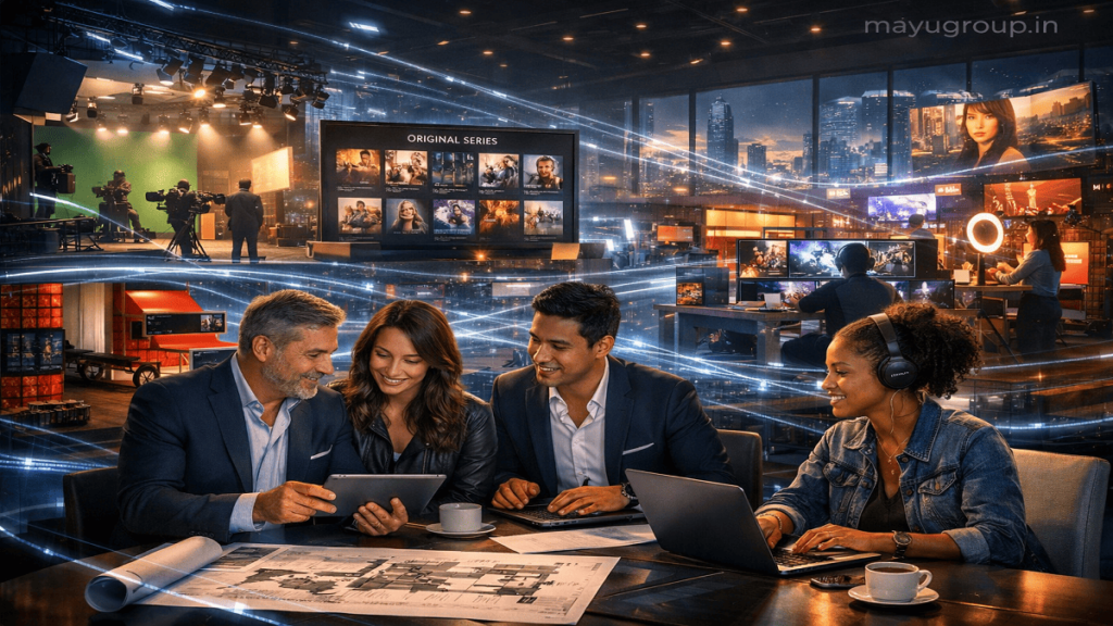 Business executives discussing media investment strategy in a modern boardroom with digital screens showing streaming, advertising, and film content.