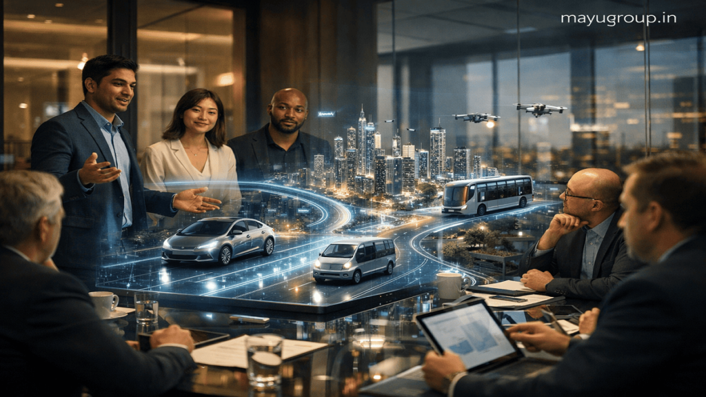 Mobility Startup Funding. A professional boardroom scene where startup founders present a mobility innovation using a holographic display of transport systems while investors observe attentively, with “mayugroup.in” in the top-right corner.