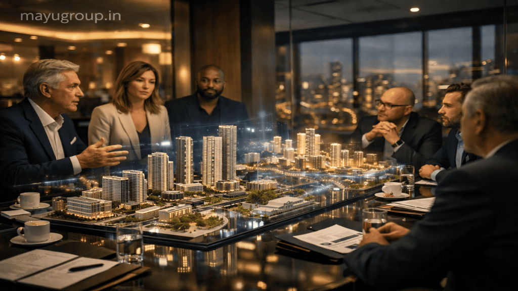 A corporate boardroom where investors and developers discuss real estate funding using architectural models of buildings and subtle holographic city visuals, with a “mayugroup.in” watermark in the top-left corner.