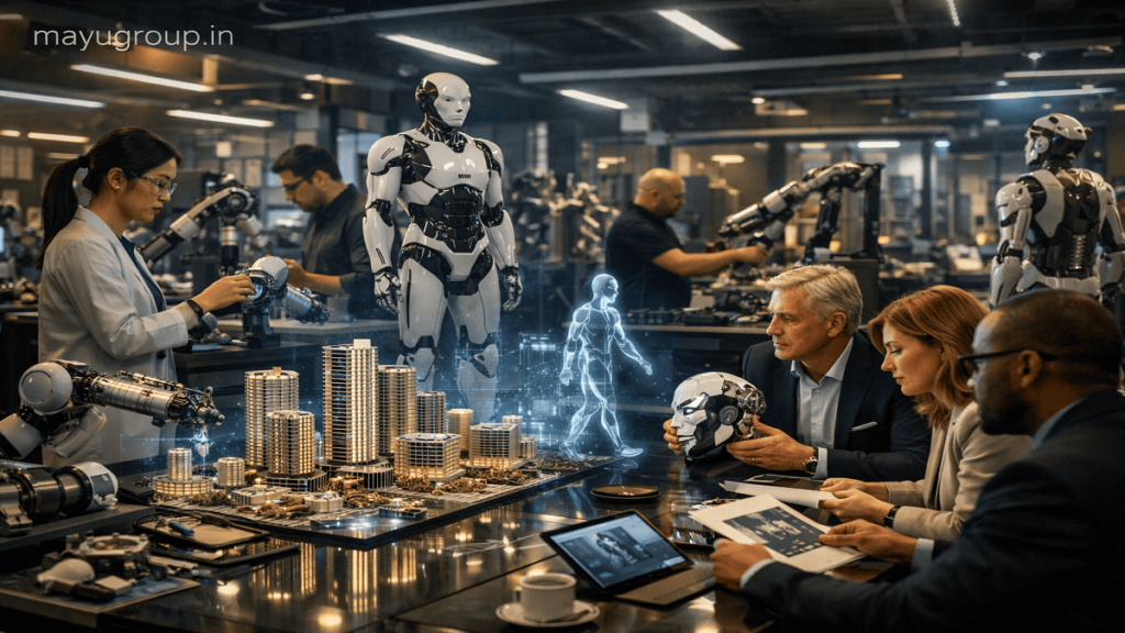 A robotics innovation lab where engineers build humanoid robots and investors review funding plans, with holographic robotic projections and a “mayugroup.in” watermark in the top-left corner.