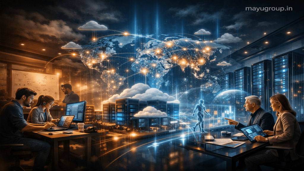 Cinematic illustration of a SaaS company evolving from startup coding stage to global cloud infrastructure and investor-backed enterprise growth.