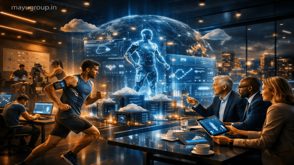 Futuristic sports technology scene showing athletes using wearable devices while investors analyze AI-powered performance data in a high-tech environment.