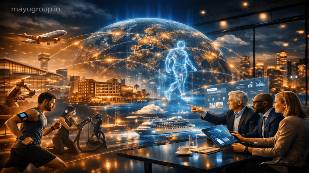 Futuristic global tourism ecosystem showing airports, hotels, airplanes, and cruise ships connected through digital investment networks.