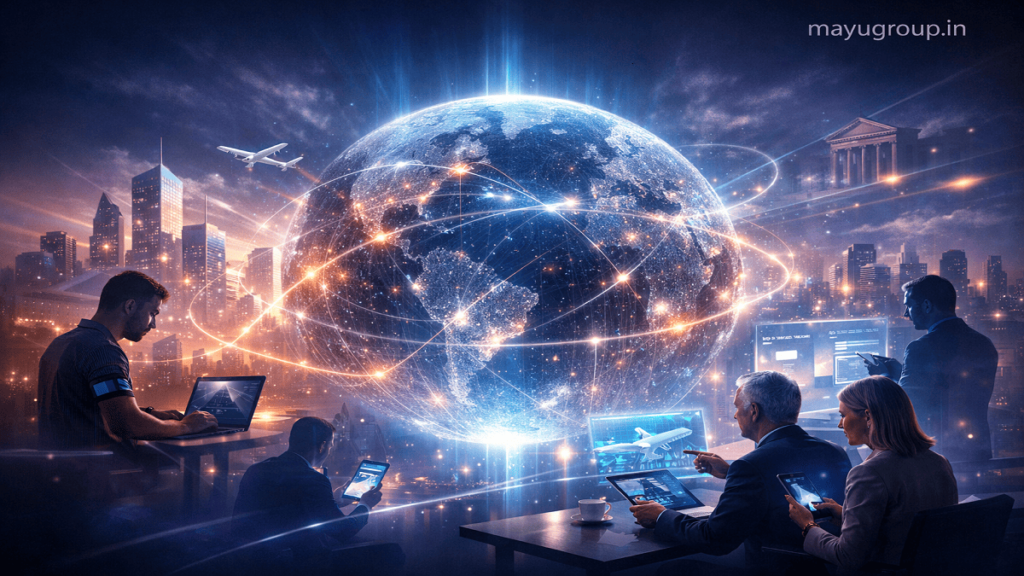 A glowing digital sphere representing a global investment network connected by light streams linking investors, startups, and financial institutions.