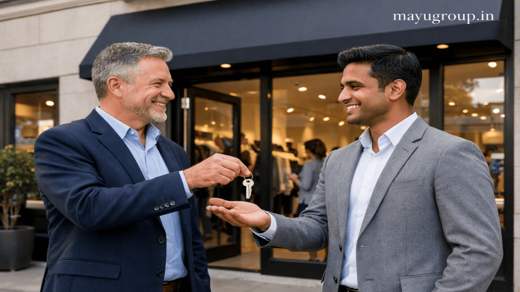 Professional business executives completing a business sale agreement in a modern office, representing the purchase and transfer of an established business.