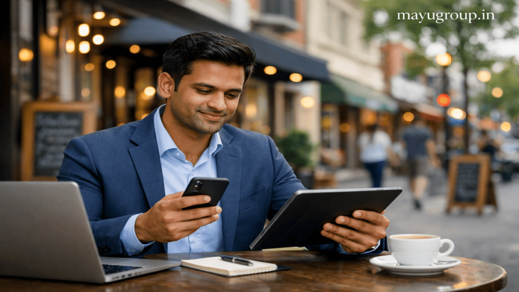 Professional using a digital business directory on a laptop to search for local businesses, showcasing online business listings and local search visibility.