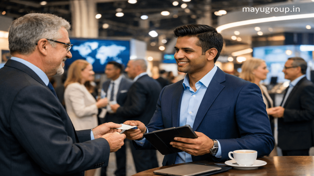 Business professionals participating in a corporate matchmaking meeting to establish strategic partnerships and business collaborations in a modern office environment.