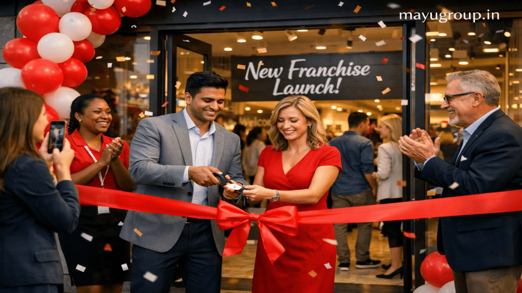 Cinematic scene of a franchise store grand opening with ribbon-cutting ceremony, welcoming staff, and customers entering a modern retail outlet, with “mayugroup.in” in the top-right corner.