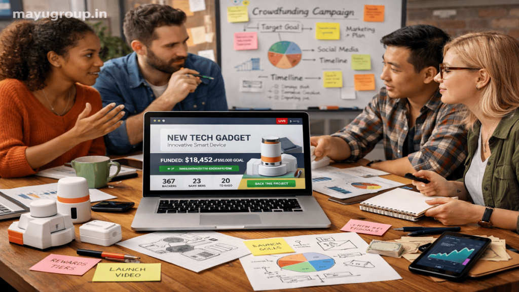 Creative team working on a crowdfunding campaign in a modern workspace with laptop, sketches, and planning materials, with “mayugroup.in” watermark in the top-left corner.