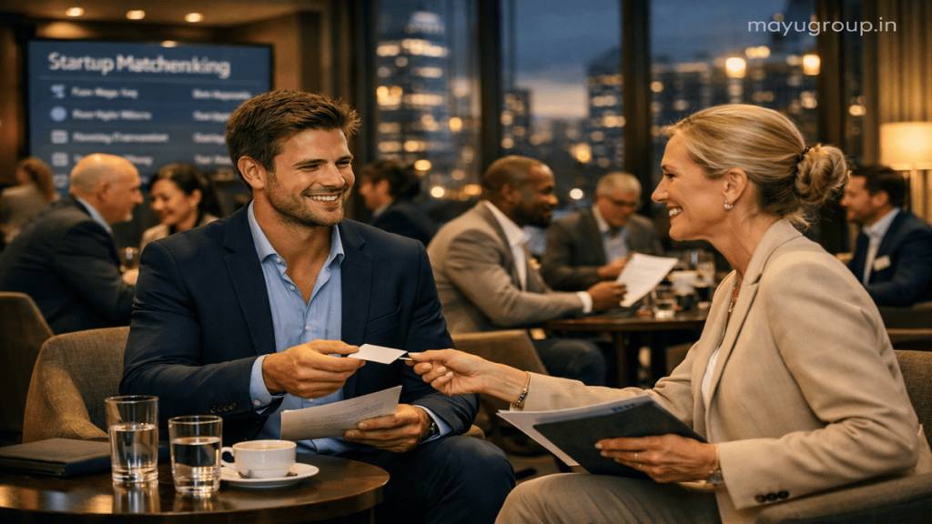 A luxury business conference where investors and entrepreneurs interact and discuss funding opportunities in a professional networking environment.