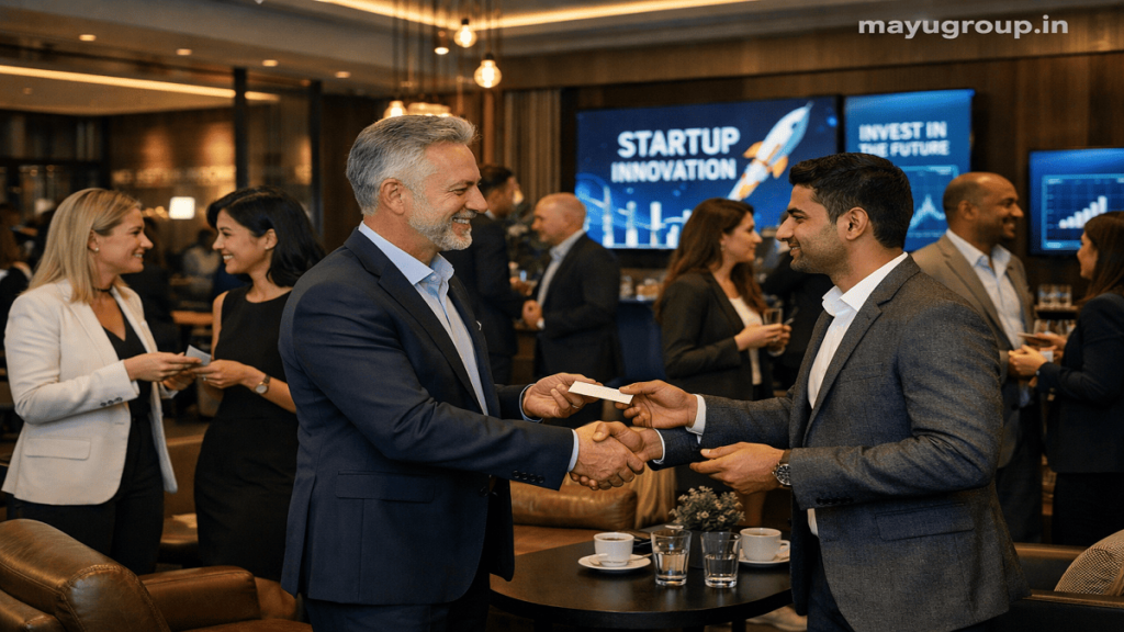 Professional investors and startup entrepreneurs networking during a corporate business meeting, discussing investment opportunities in a modern conference environment.